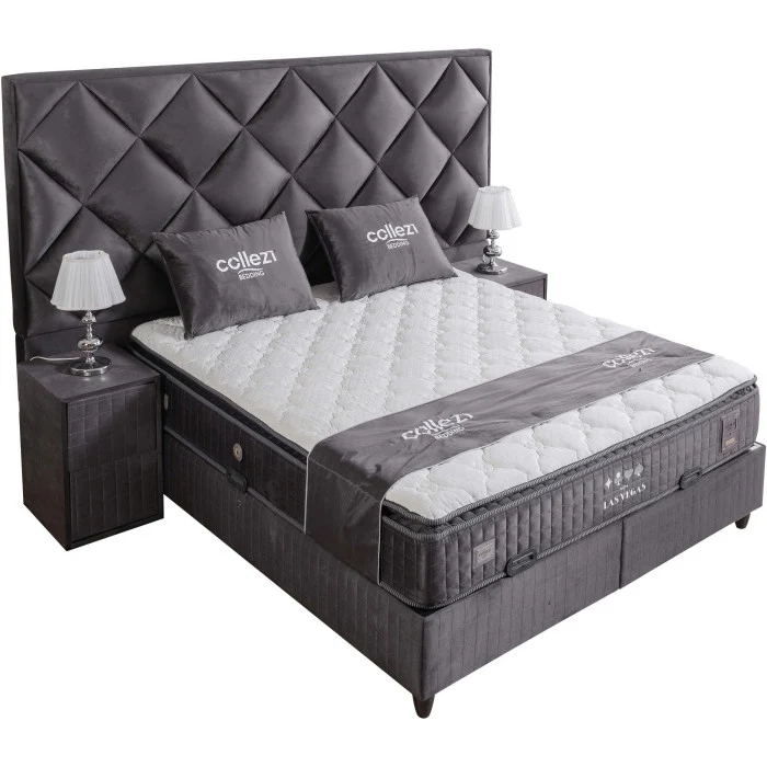 Gepolstertes Bett mit Matratze und Kopfteil, Bett grau mit Kopfteil, Breite 180 cm