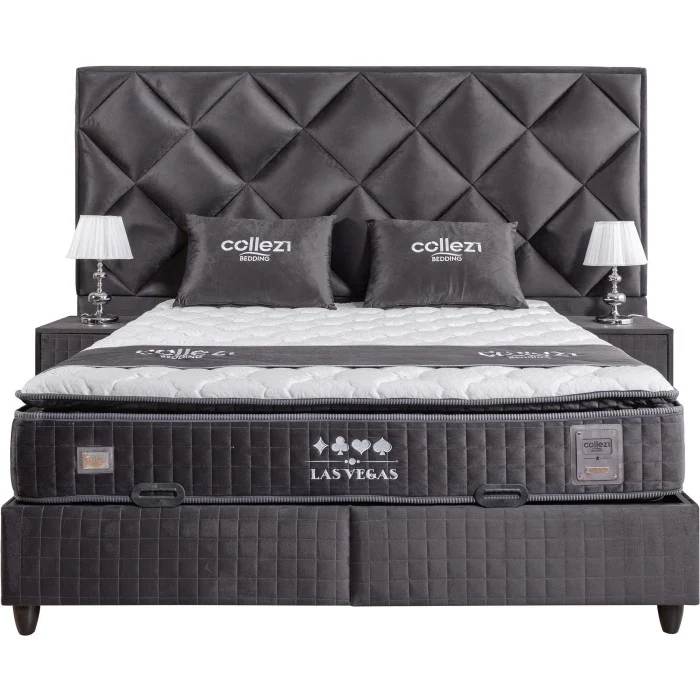 Gepolstertes Bett mit Matratze und Kopfteil, Bett grau mit Kopfteil, Breite 180 cm