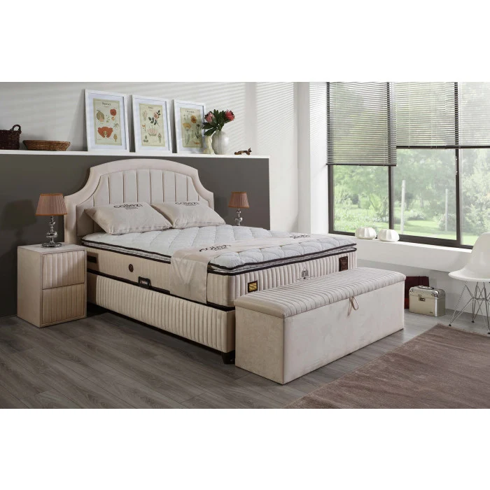 Gepolstertes Bett mit Matratze und Kopfteil, Bett beige mit Kopfteil, Breite 180 cm