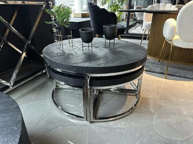 Couchtisch schwarz, runder Couchtisch Gestell Silber, Set Couchtisch rund schwarz, Durchmesser 100 cm