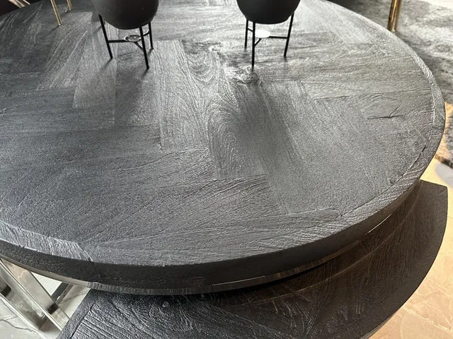 Couchtisch schwarz, runder Couchtisch Gestell Silber, Set Couchtisch rund schwarz, Durchmesser 100 cm