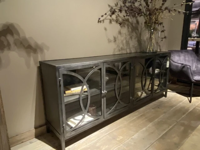 Sideboard schwarz Metall-Glas, Anrichte schwarz Metall, Breite 200 cm
