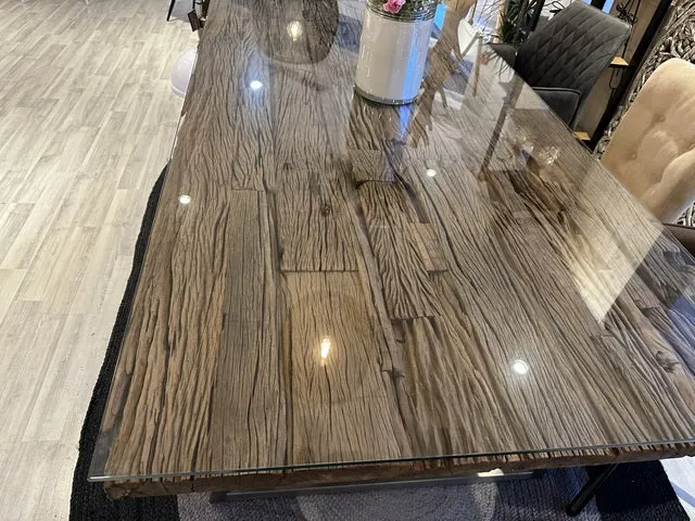 Esstisch Altholz, Tisch Glasplatte, Esstisch Edelstahl Tischbeine, Breite 200 cm