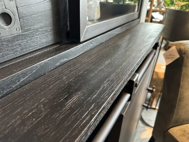 Vitrine schwarz Teakholz, Wohnzimmerschrank schwarz Massivholz, Breite 180 cm