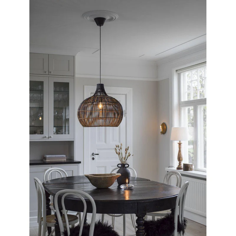 Hängelampe natürliches Rattan, Pendelleuchte Beige/Schwarz, Durchmesser 50 cm