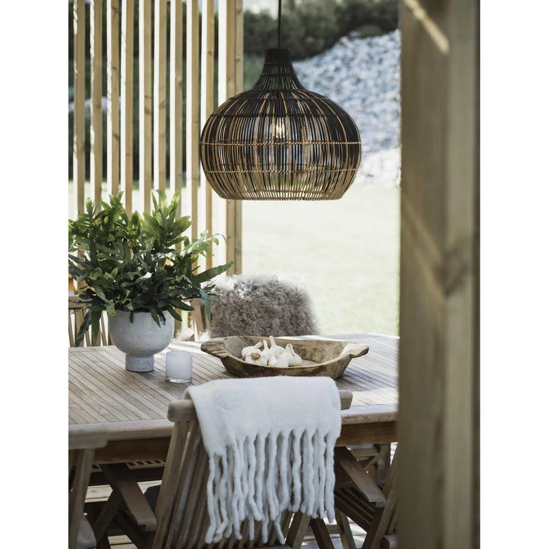 Hängelampe natürliches Rattan, Pendelleuchte Beige/Schwarz, Durchmesser 38,5 cm