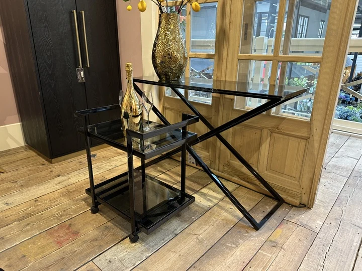 Konsole schwarz Glasplatte Metall-Gestell, Wandtisch schwarz Glas-Metall, Tisch schwarz Glas-Metall, Breite 120 cm