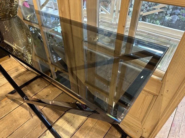 Konsole schwarz Glasplatte Metall-Gestell, Wandtisch schwarz Glas-Metall, Tisch schwarz Glas-Metall, Breite 120 cm