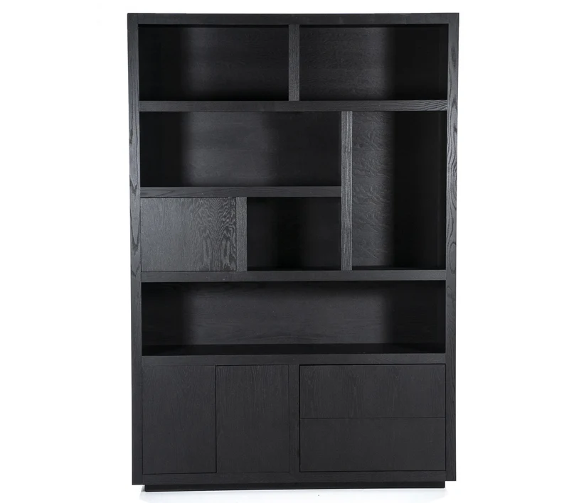 Bücherschrank schwarz, Schrank schwarz mit zwei Türen und zwei Schubladen, Wohnzimmerschrank schwarz Holz, Breite 150 cm