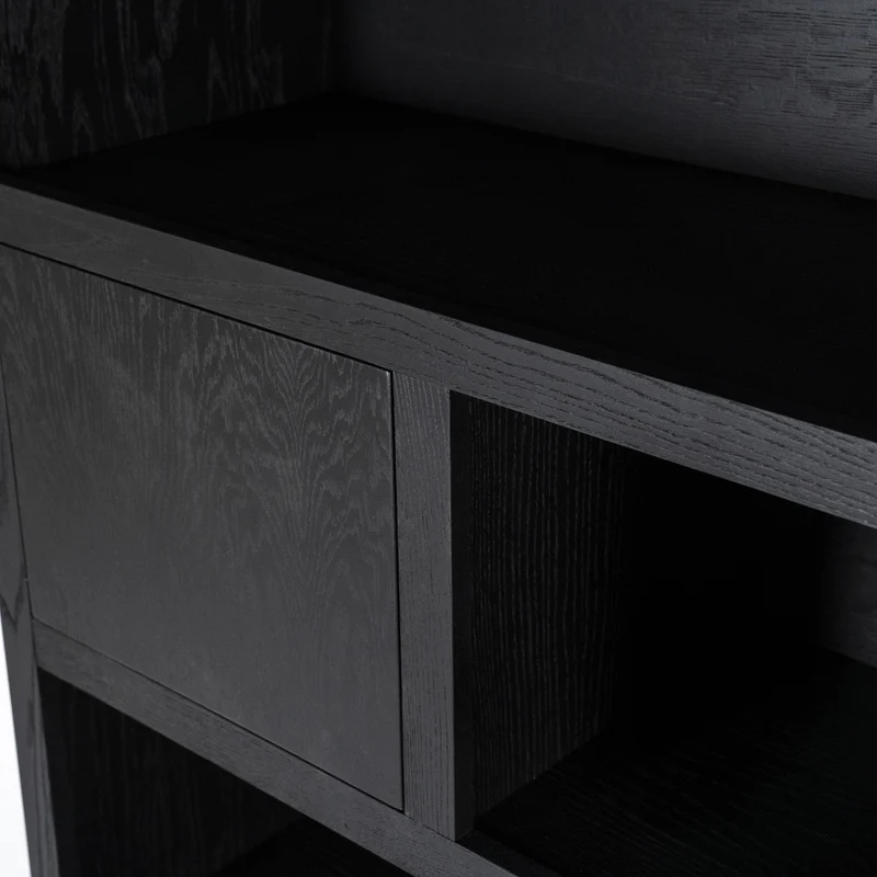Bücherschrank schwarz, Schrank schwarz mit zwei Türen und zwei Schubladen, Wohnzimmerschrank schwarz Holz, Breite 150 cm
