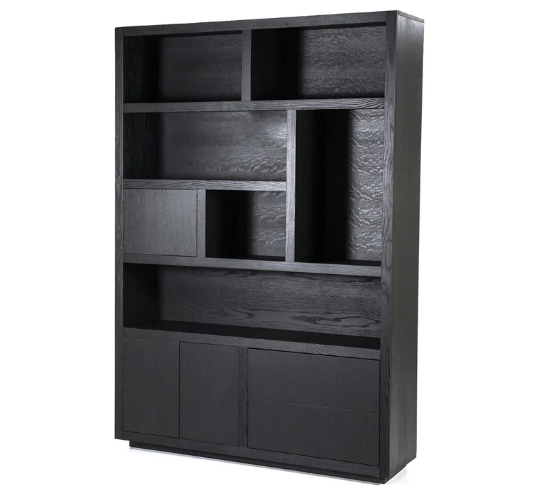 Bücherschrank schwarz, Schrank schwarz mit zwei Türen und zwei Schubladen, Wohnzimmerschrank schwarz Holz, Breite 150 cm