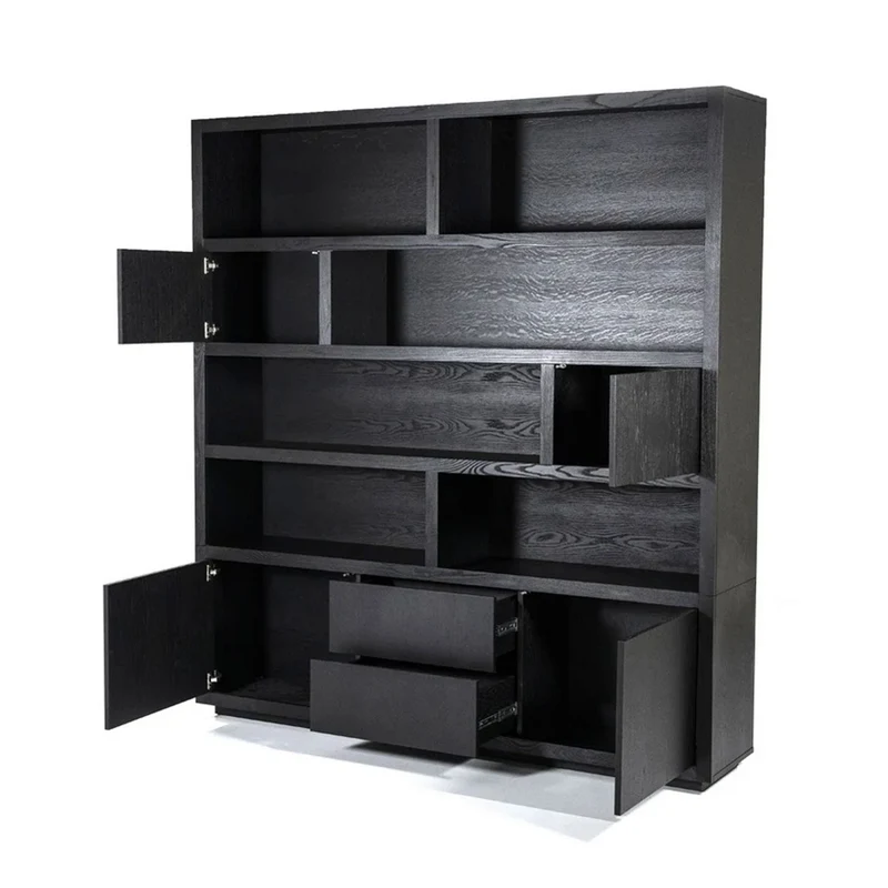 Schrank modern schwarz, Schrank schwarz mit vier Türen und zwei Schubladen, Wohnzimmerschrank schwarz Holz, Breite 200 cm