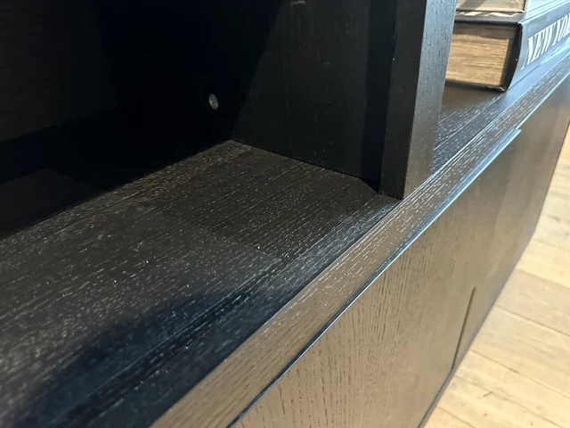 Schrank modern schwarz, Schrank schwarz mit vier Türen und zwei Schubladen, Wohnzimmerschrank schwarz Holz, Breite 200 cm