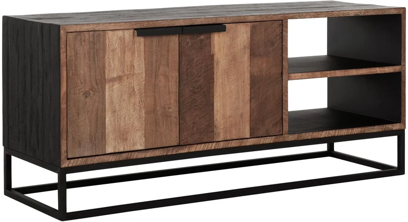 TV Schrank schwarz Naturholz, Fernseheschrank Holz Naturholz, TV Regal Metall-Gestell, Breite 125 cm