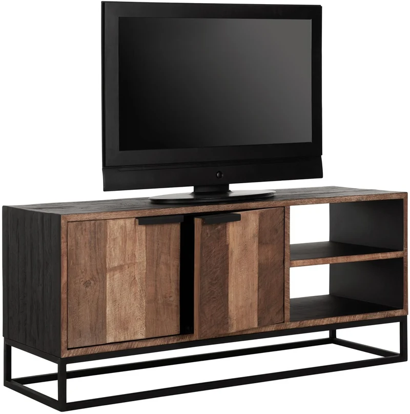 TV Schrank schwarz Naturholz, Fernseheschrank Holz Naturholz, TV Regal Metall-Gestell, Breite 125 cm