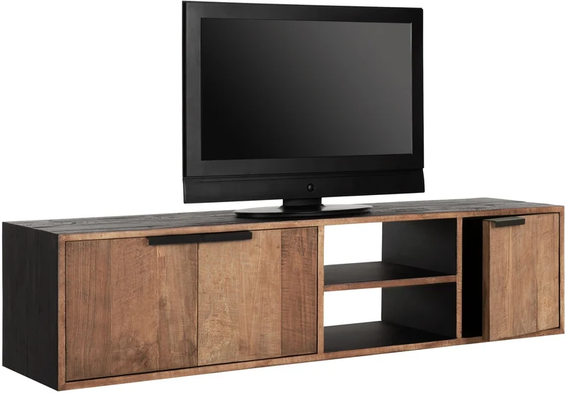 Hängeschrank TV Schrank schwarz Naturholz, Fernseheschrank Holz Naturholz, Breite 165 cm