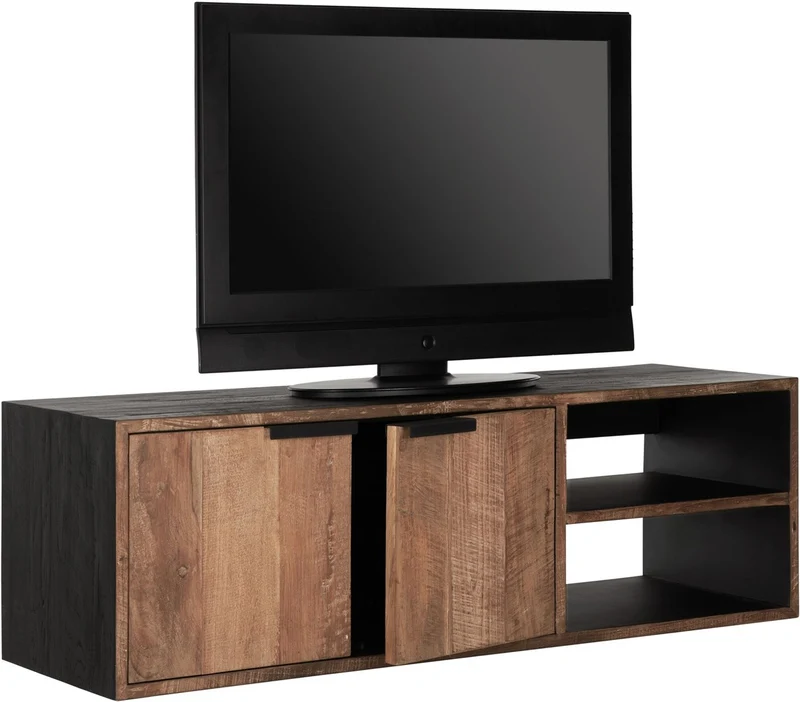 Hängeschrank TV Schrank schwarz Naturholz, Fernseheschrank Holz Naturholz, Breite 125 cm
