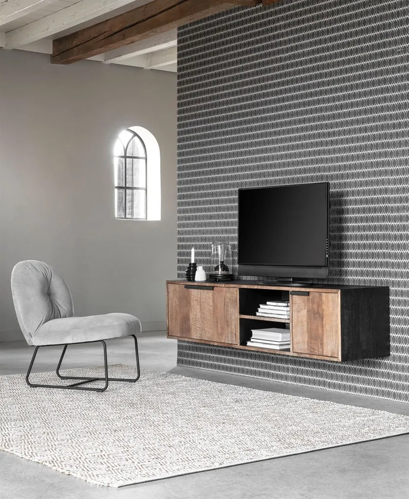 Hängeschrank TV Schrank schwarz Naturholz, Fernseheschrank Holz Naturholz, Breite 205 cm