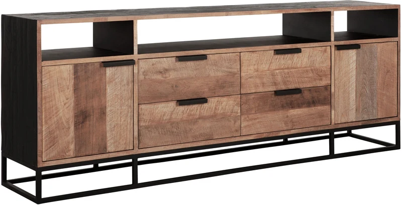Sideboard mit Schubladen schwarz Naturholz, Anrichte Holz Naturholz, Wohnzimmerschrank Metall-Gestell, Breite 200 cm