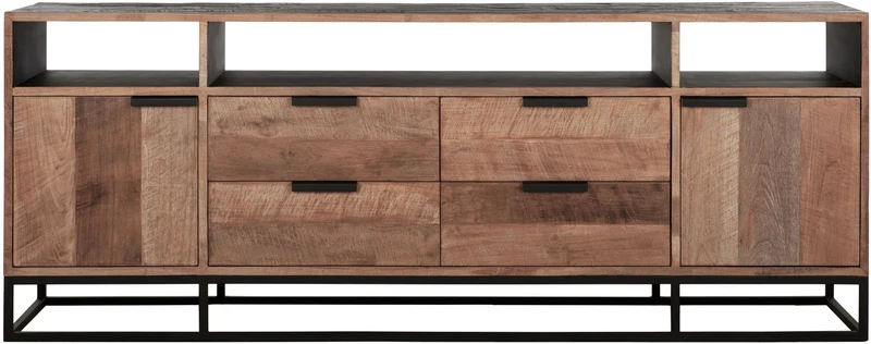 Sideboard mit Schubladen schwarz Naturholz, Anrichte Holz Naturholz, Wohnzimmerschrank Metall-Gestell, Breite 200 cm