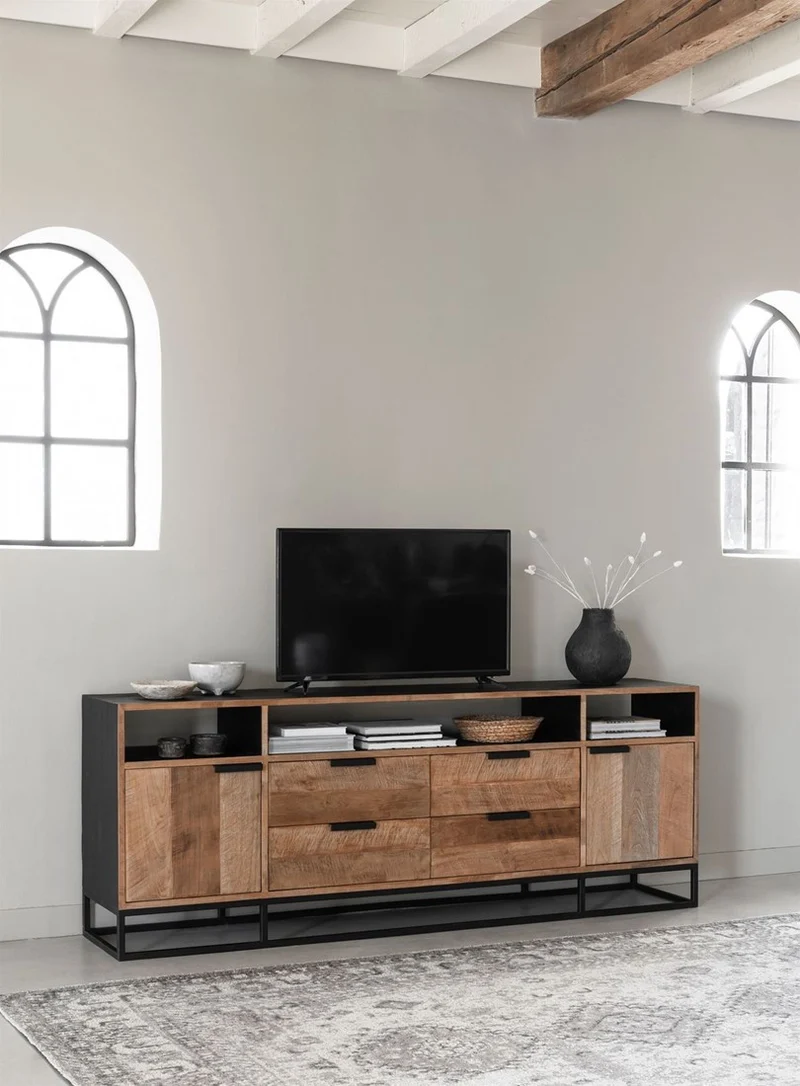 Sideboard mit Schubladen schwarz Naturholz, Anrichte Holz Naturholz, Wohnzimmerschrank Metall-Gestell, Breite 200 cm