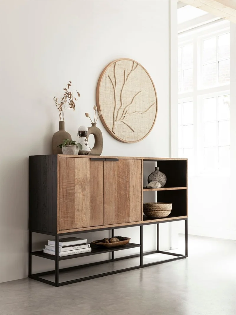Sideboard schwarz Naturholz, Anrichte Holz Naturholz, Wohnzimmerschrank Metall-Gestell, Breite 160 cm