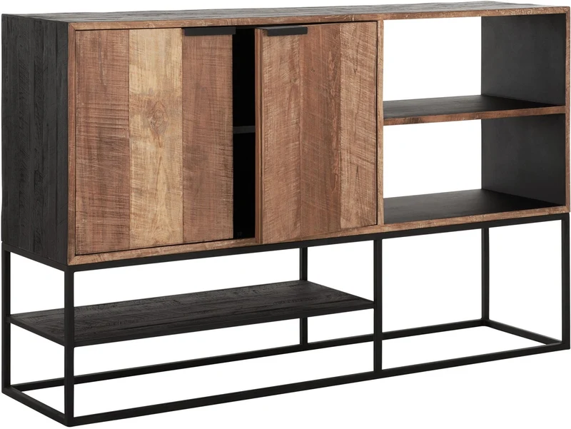 Sideboard schwarz Naturholz, Anrichte Holz Naturholz, Wohnzimmerschrank Metall-Gestell, Breite 160 cm