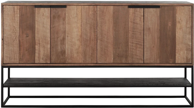 Sideboard schwarz Naturholz, Anrichte Holz Naturholz, Wohnzimmerschrank Metall-Gestell, Breite 185 cm