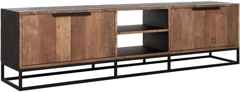 TV Schrank schwarz Naturholz, Fernseheschrank Holz Naturholz, TV Regal Metall-Gestell, Breite 205 cm