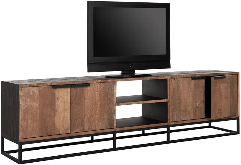 TV Schrank schwarz Naturholz, Fernseheschrank Holz Naturholz, TV Regal Metall-Gestell, Breite 205 cm