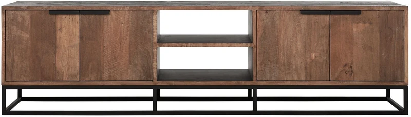 TV Schrank schwarz Naturholz, Fernseheschrank Holz Naturholz, TV Regal Metall-Gestell, Breite 205 cm