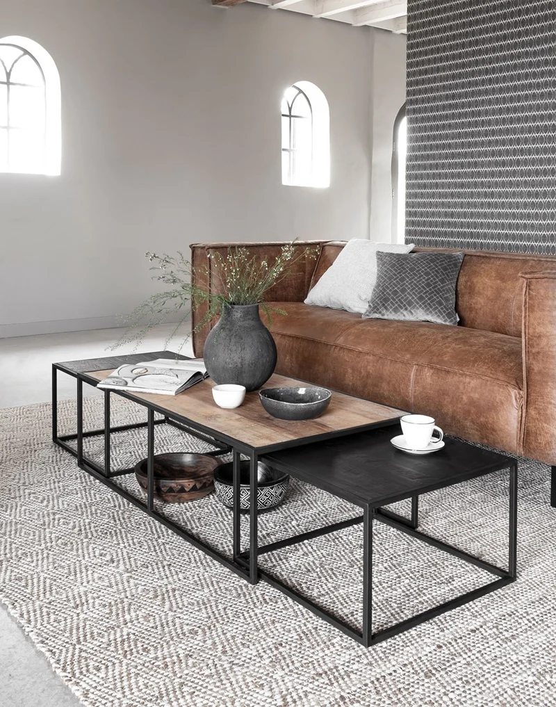 Couchtisch 3er Set schwarz Naturholz braun, rechteckiger Couchtisch ausziehbar schwarz., Breite 110 cm
