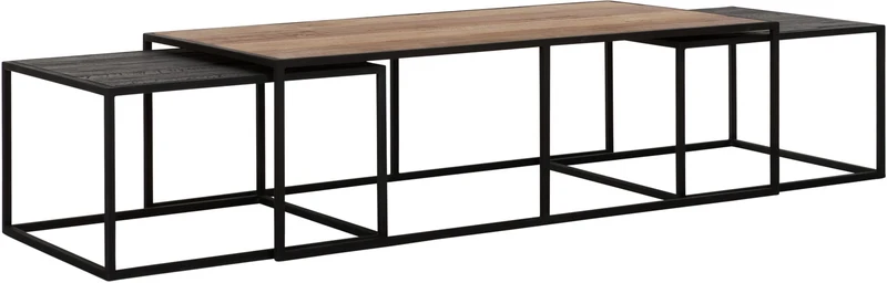 Couchtisch 3er Set schwarz Naturholz braun, rechteckiger Couchtisch ausziehbar schwarz., Breite 110 cm