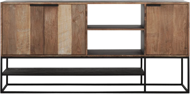 Sideboard schwarz Naturholz, Anrichte Holz Naturholz, Wohnzimmerschrank Metall-Gestell, Breite 205 cm