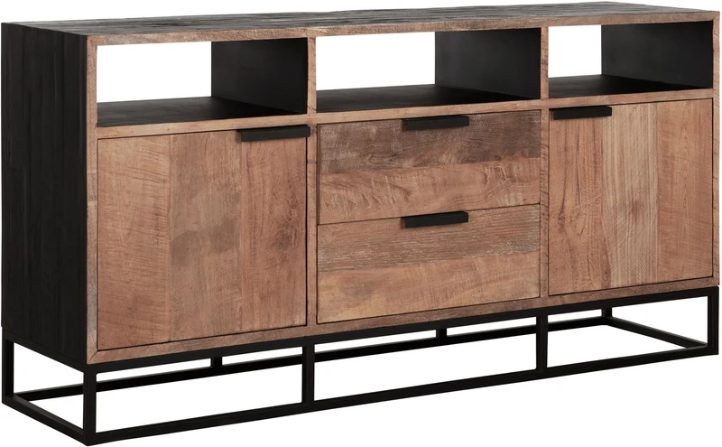 Sideboard schwarz Naturholz, Anrichte Holz Naturholz, Wohnzimmerschrank Metall-Gestell, Breite 150 cm
