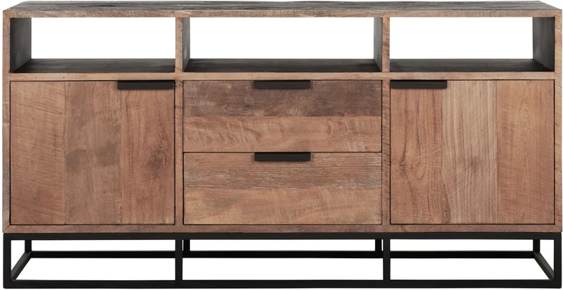 Sideboard schwarz Naturholz, Anrichte Holz Naturholz, Wohnzimmerschrank Metall-Gestell, Breite 150 cm