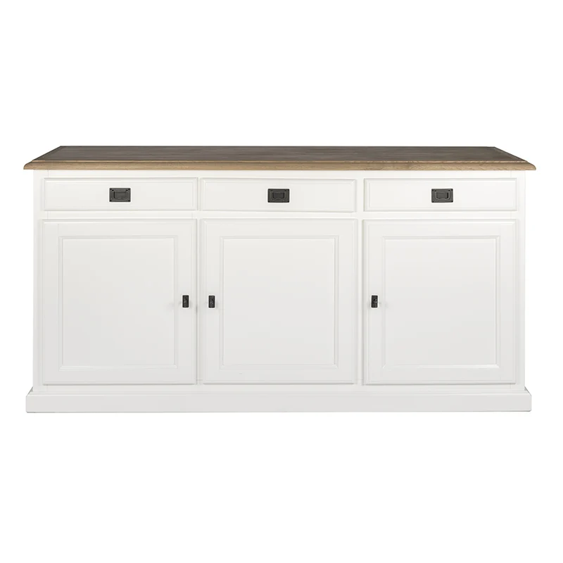 Sideboard weiß mit Eiche-Natur Platte, Anrichte weiß Landhausstil Eiche, Schrank weiß Landhaus, Breite 180 cm