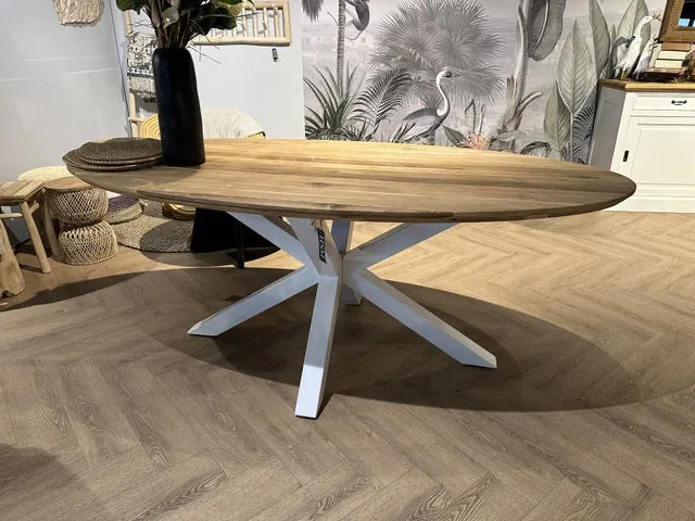 Esstisch Eiche massiv Tischplatte oval, ovaler Tisch Eiche Tischplatte, Esstisch weiß Eiche-Natur, Länge 240 cm