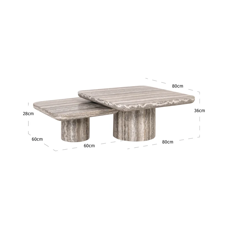 Couchtisch beige-grau, 2er Set Couchtisch Travertin-Marmor beige, Maße 80x80 cm