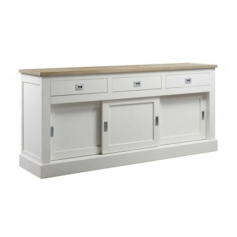 Sideboard weiß mit Eiche-Natur Platte, Anrichte weiß Landhausstil Eiche, Schrank weiß Landhaus, Breite 235 cm
