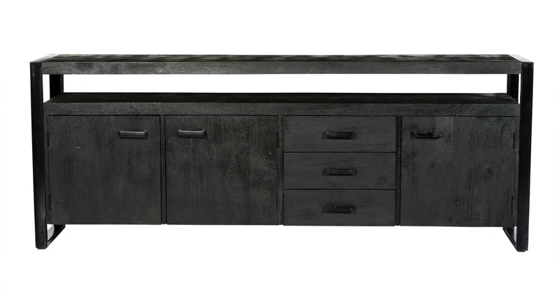 Sideboard schwarz Metall Holz, Sideboard Industriedesign, Anrichte schwarz Massivholz, Breite 210 cm