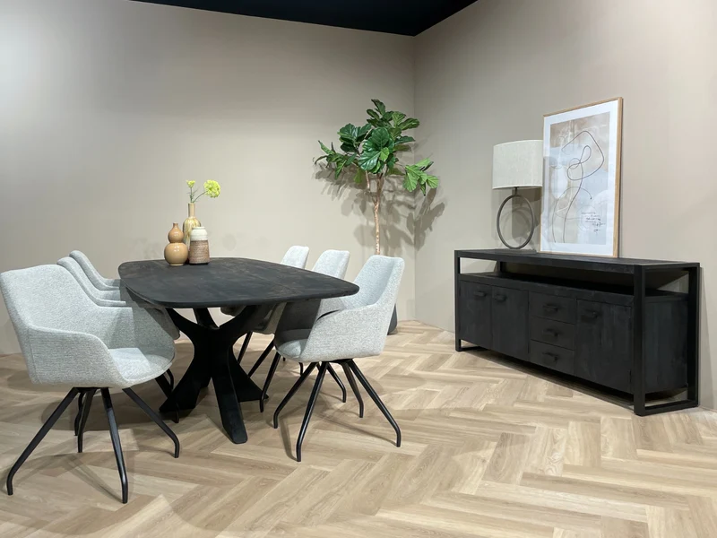 Sideboard schwarz Metall Holz, Sideboard Industriedesign, Anrichte schwarz Massivholz, Breite 210 cm