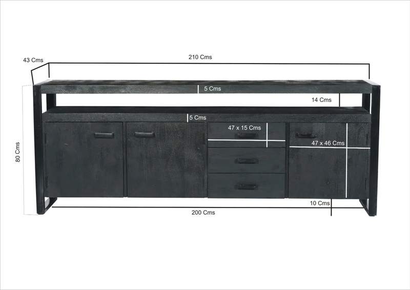Sideboard schwarz Metall Holz, Sideboard Industriedesign, Anrichte schwarz Massivholz, Breite 210 cm