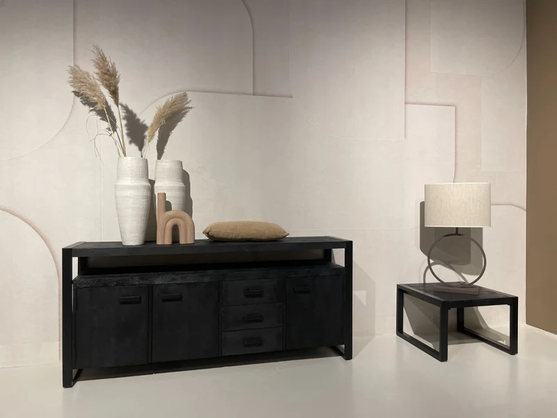 Sideboard schwarz Metall Holz, Sideboard Industriedesign, Anrichte schwarz Massivholz, Breite 210 cm