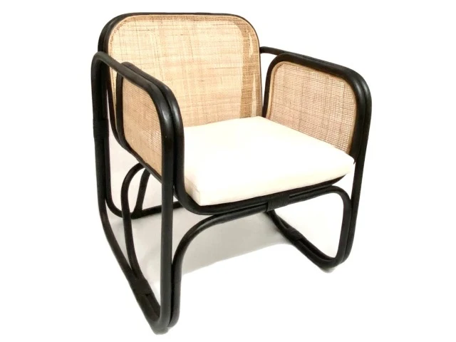 Stuhl schwarz Holz-Rattan mit Armlehne, Esszimmerstuhl schwarz Rattan