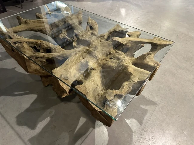 Couchtisch Wurzelholz mit Glasplatte, Naturholz Couchtisch, Breite 140 cm