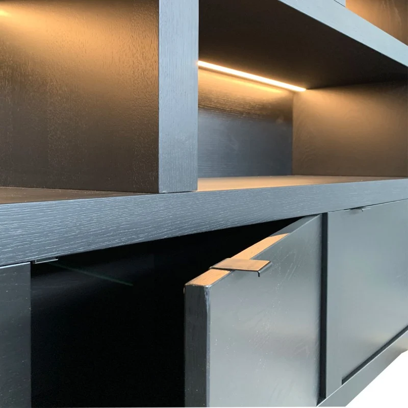 Bücherschrank schwarz mit Beleuchtung , Bücherschrank modern schwarz, Schrank mit vier Türen schwarz, Breite 200 cm