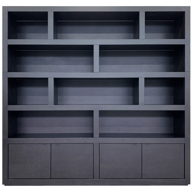 Bücherschrank schwarz mit Beleuchtung , Bücherschrank modern schwarz, Schrank mit vier Türen schwarz, Breite 250 cm