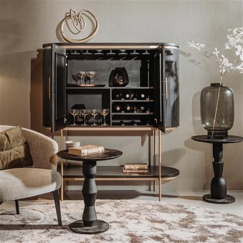 Weinschrank schwarz-Gold, Schrank für eine Bar, Wohnzimmerschrank schwarz abgerundet, Breite 135 cm
