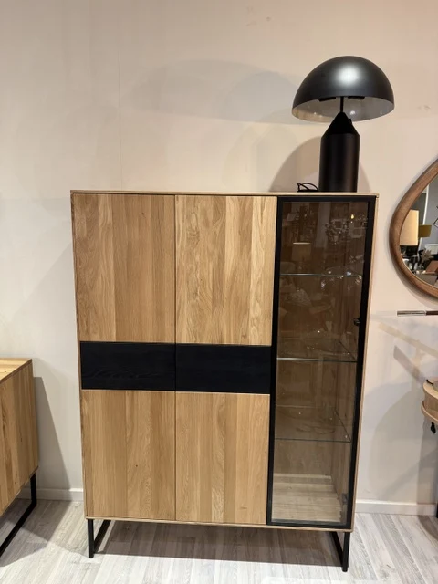 Highboard Eiche massiv, Hochschrank mit Glastür Eiche, Breite 116 cm